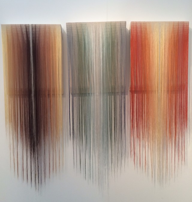 Nike Shroder, "Fragments 4 (Walnut)", "Fragments 5 (Sage)" and "Fragments 6 (Maple)", 2013, rayon threads on canvas.  Courtesy of Walter Maciel Gallery.