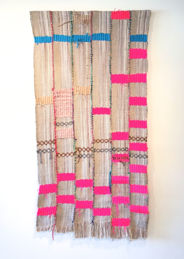 Diedrick Brackens, disconnected, drown, drench, 2015 Hand woven and sewn fabric, cotton dyed with tea and wine, nylon, commercially dyes cotton, and polyester yarns 