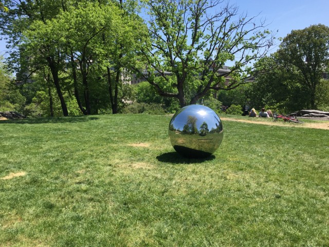 Alicia Framis' participatory sculpture 'Cartas al Cielo' invites passersby to send missives to those with no earthly address via a sculptural globe that reflects the earth and sky.