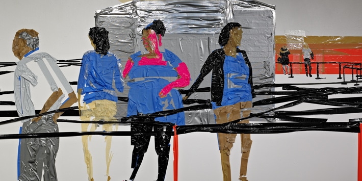 Tirtzah Bassel, "Airport in Security", 2012, duct tape on wall. Image courtesy of For-Site Foundation.